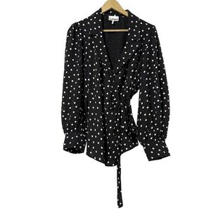GANNI Black White Polka Dot Crepe Wrap Top Size 44 Puff Sleeve Neutral Designer